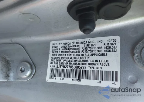 2006 Honda Element Ex-P z USA, uszkodzony, nr VIN 5J6YH27786L005278